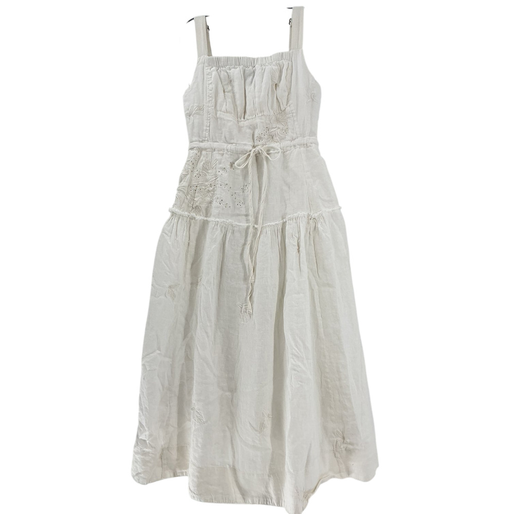 Anthropologie Linen White Square Neck Midi Dress Size XS Petite - Picture 2 of 4